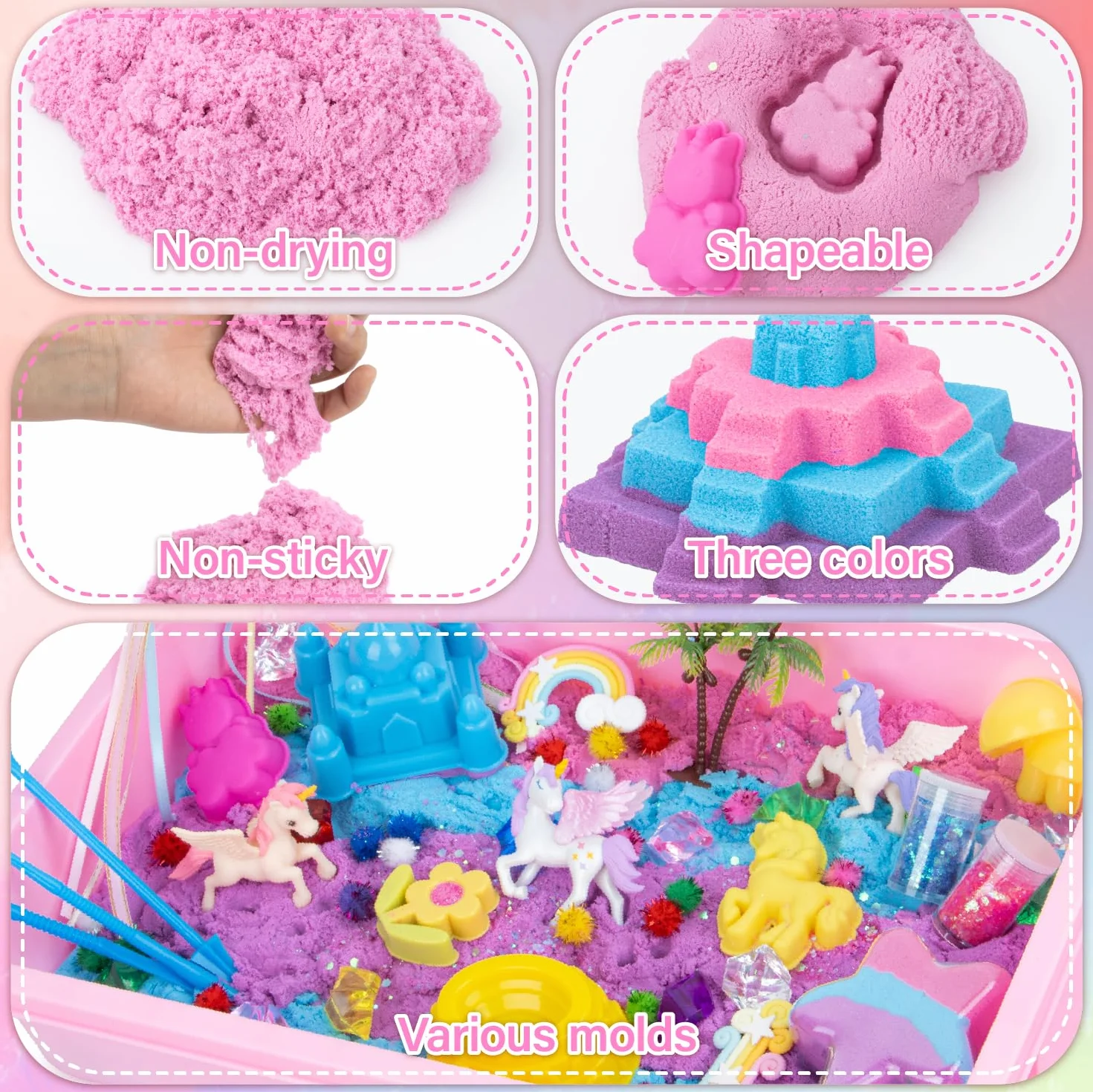 snookids Sable Magique, Sable pour Bac a Sable Coffret de Licorne, Comprenant 24 Moules à Sable, 3 Licornes, Coquillage Avec Couvercle et Un Jouet Sensoriel pour Les Enfants 3 4 5 6 7 8 9+ Ans