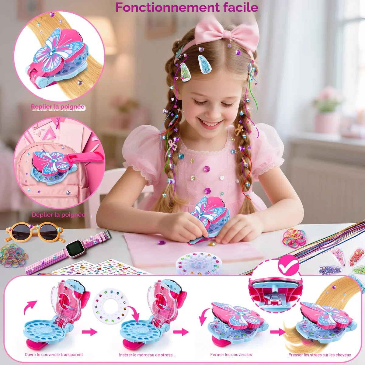 SEMKOTREE Machine Strass Cheveux, Strass a Coller Hair Bedazzler Kit avec 480 Rhinestone et Hair Tinsel, Bijoux Cheveux Paillettes Cheveux, Hair Gem Stamper Cadeau Fille 6 7 8 9 10 Ans