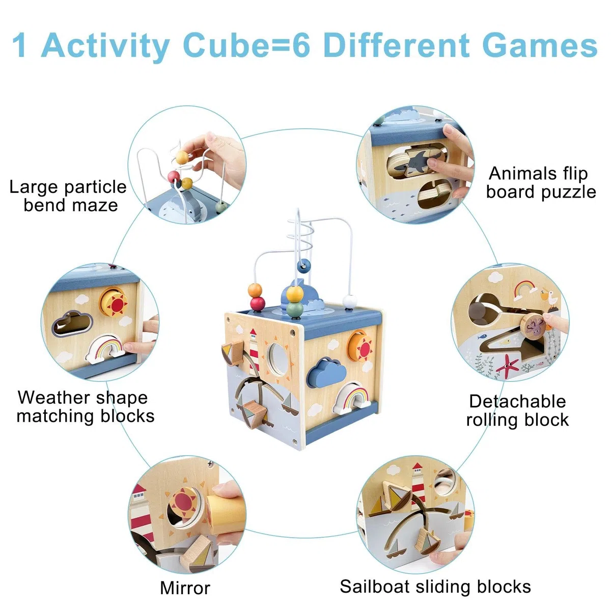 Cube d'Activité, 6 en 1 Jouet en Bois, Cube de Motricité avec Labyrinthe de Perles, Jouet d'apprentissage Montessori en Bois pour Enfants Plus 12 Mois