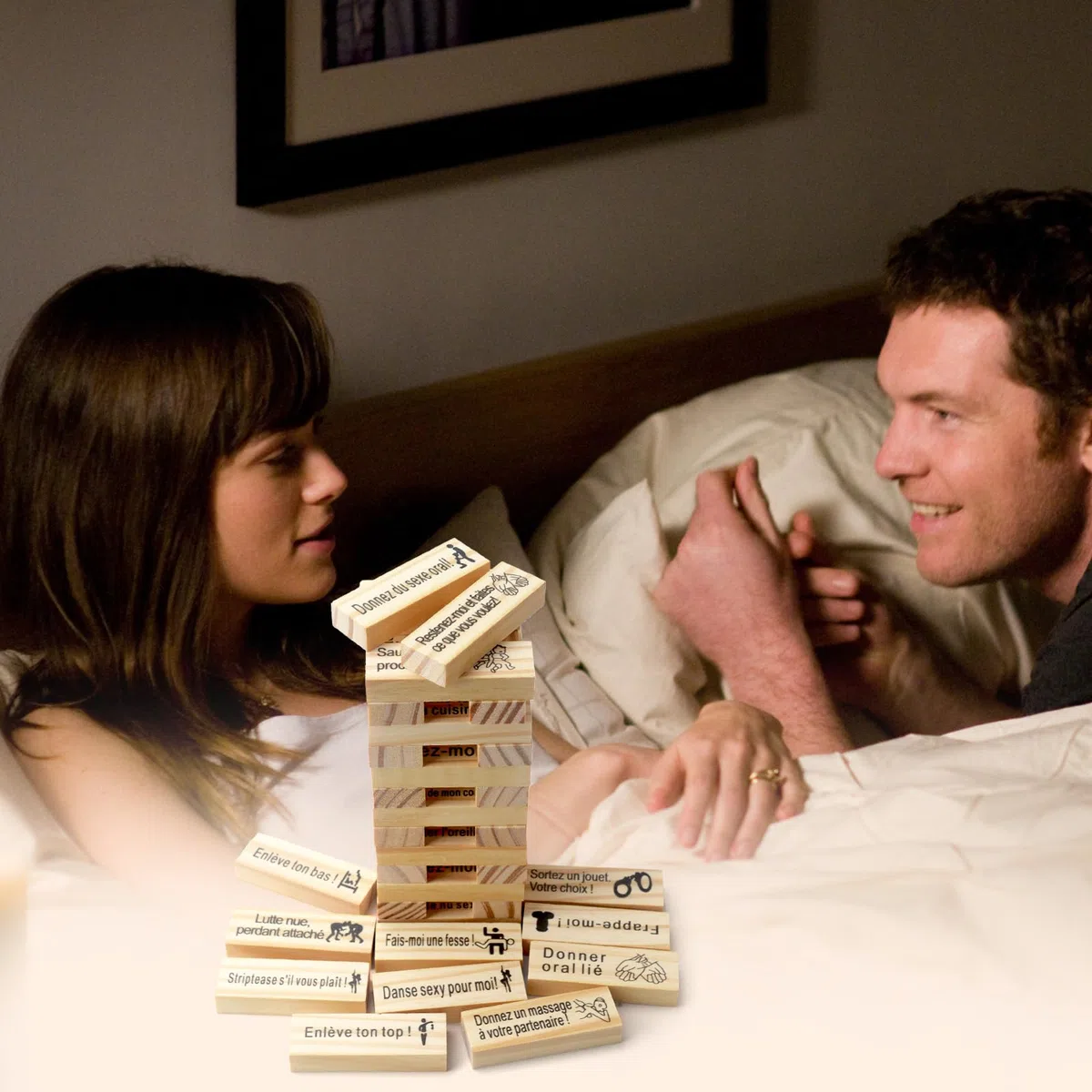 48 Pièces Français Jeu de Tour Blocs Coquins Couples,Lust Tower,Tour de culbutage pour la Saint-Valentin et Soirée Romantique,Jeu d'Empilage pour Couples,Blocs Empilables en Bois pour Adultes