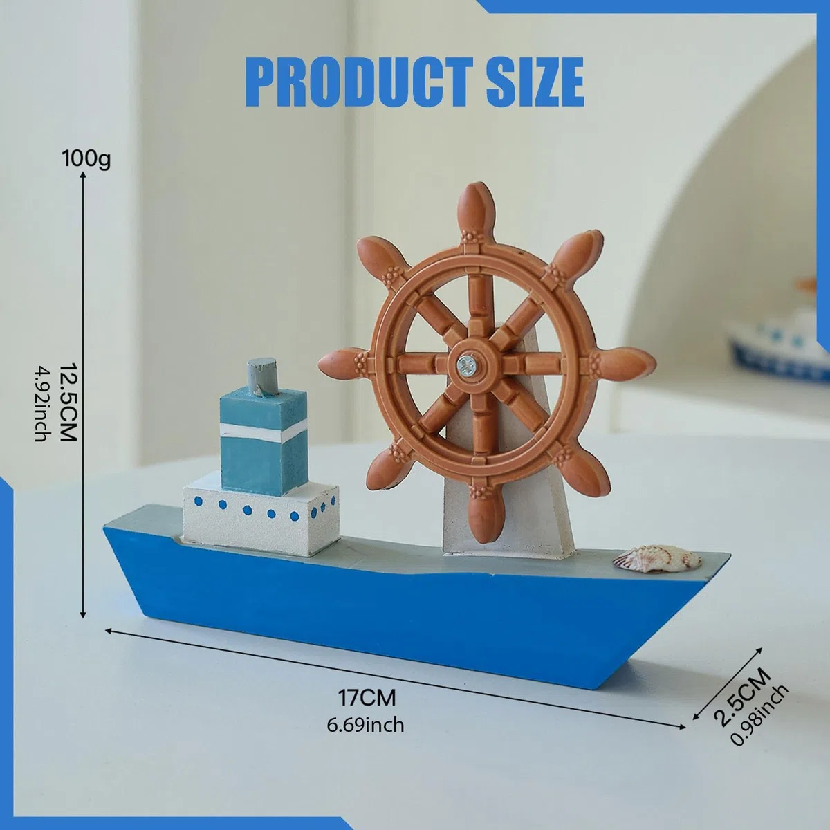 Gralara Maquette de Voilier En Bois, Décoration, Cadeau Nautique, Gouvernail avec Barre à Roue pour Hôtel Ou Ferme, Bleu Clair