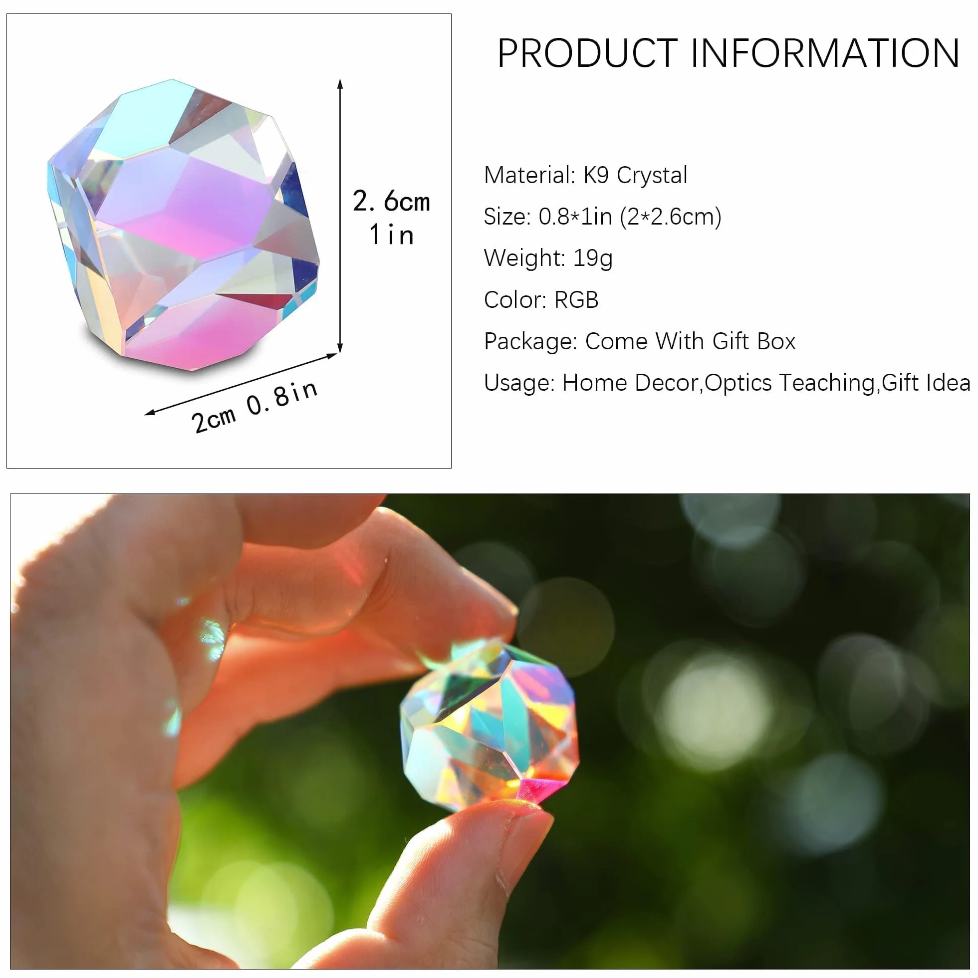 Prisme cube de couleur 20 mm en verre optique K9 polyèdre RVB pour physique, photographie, décoration de bureau