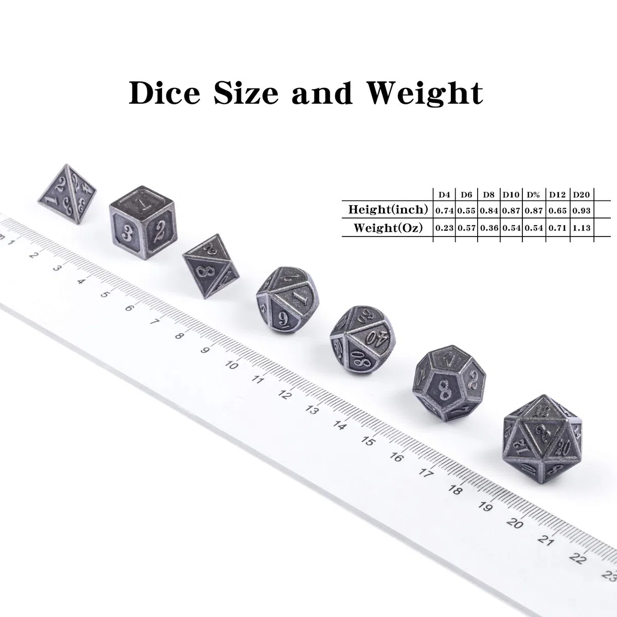 DnDnD Lot de 7 dés en métal argenté ancien DND, dés D&D en métal avec étui en métal pour Donjons et Dragons, Shadowrun, Pathfinder, Savage World et jeux de table