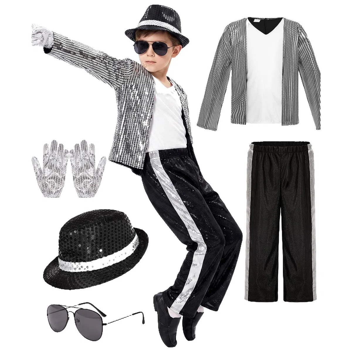 Deguisement Roi de la Pop Garcon à Années 80-90 Veste A Paillettes Argentees Pantalon Chapeau Lunettes Gants pour Halloween Carnaval Cosplay Spectacle Enfant 4-12 Ans