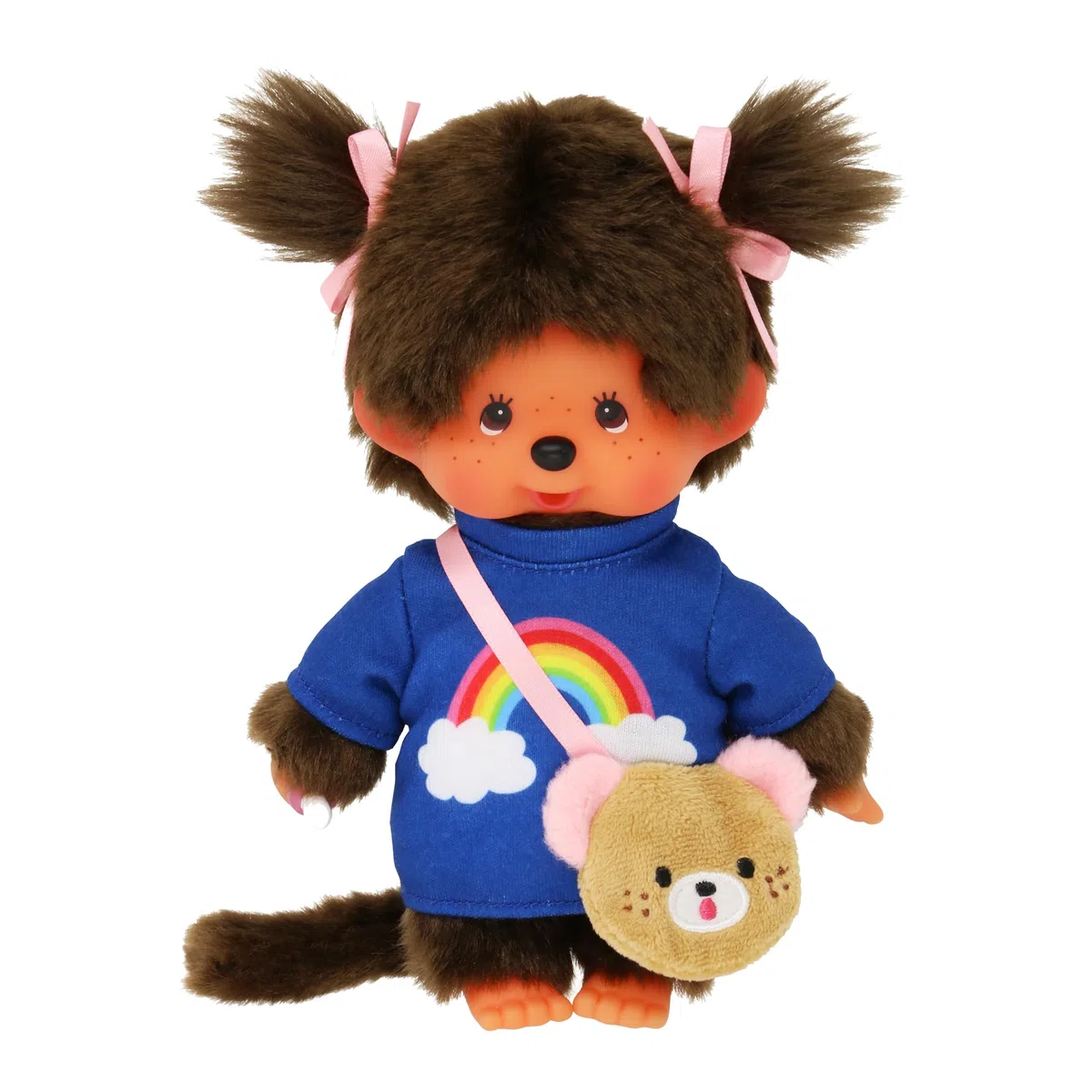 Sekiguchi 233724 - Monchhichi Original Fille, T-Shirt Arc-en-Ciel avec Sac et Rubans, Animal en Peluche Brun d'environ 20 cm