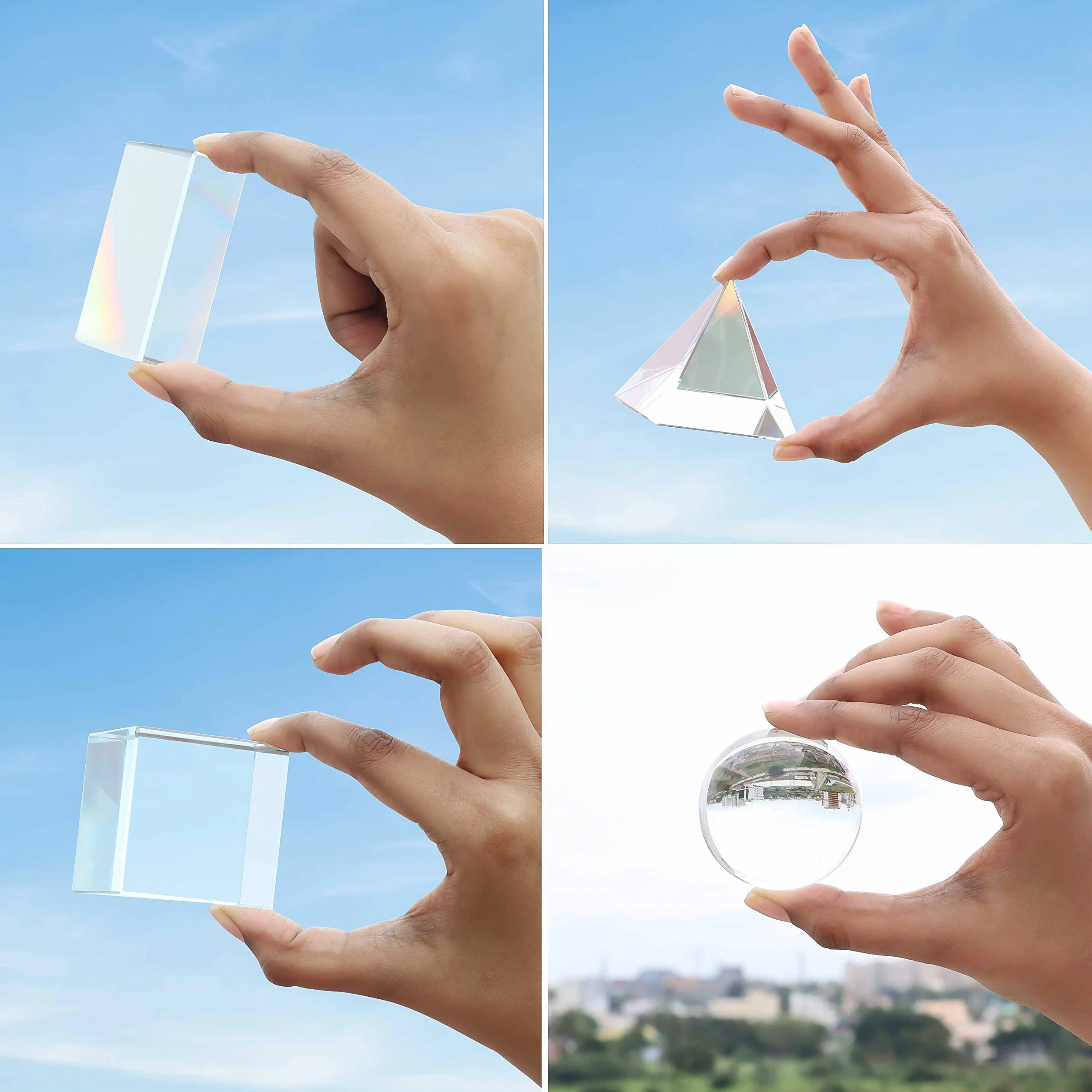 BELLE VOUS Lot de 4 Prisme Photographie Triangle, Sphère, Pyramide, Cube - Prisme Optique avec Pochette Velours, Tissu Microfibre, Boite Cadeau - Prisme Cristal K9 Spectre de Lumière et Effet Photo