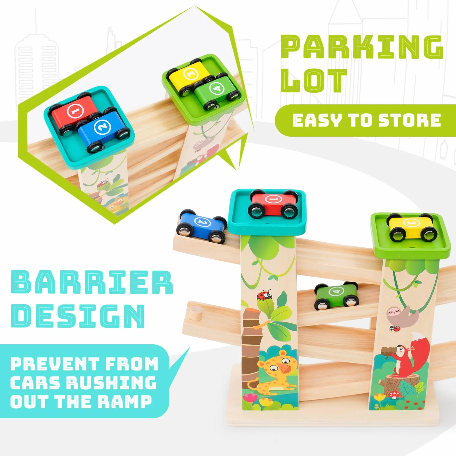 Jouet Garage Voiture Bois pour Enfant,Cadeau Educatif pour Garçon 1 2 3 Ans,Jouet Rampe de Course en Bois avec 4 Voitures et 2 Parkings Haut de Gamme