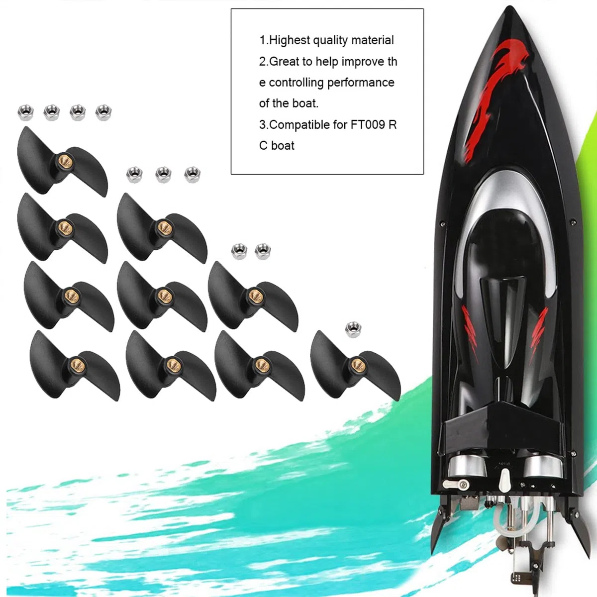 KIMISS Hélice de Bateau Rc en Plastique/métal, 10 Pièces, Télécommande Balais, Hélice de Queue de Bateau, Kit de Pièces de Rechange pour Bateau Rc Ft009