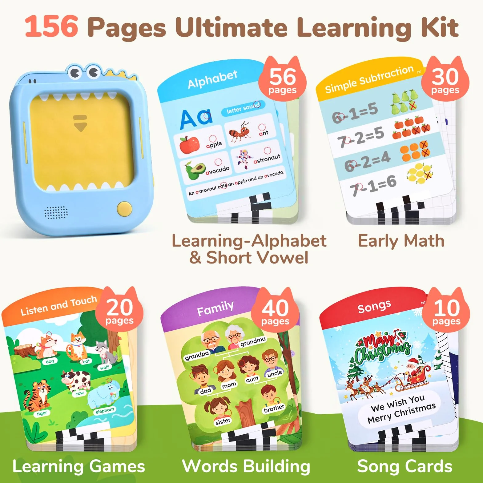 JoyCat Tablette Éducative Enfant, 156 Pages Cartes Sonores à Toucher avec Jeux Interactifs, Jouet Montessori pour Apprendre Anglais, Alphabet, Mots, Nombre, Couleurs & Formes, Cadeau Enfant 2-6 Ans