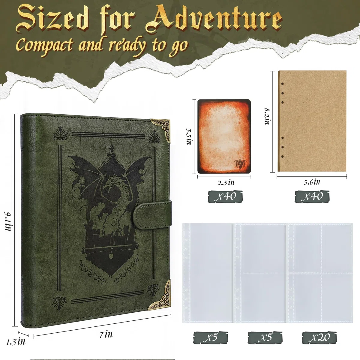 Foliant of Recollection TTRPG Porte-cartes avec sort magique pour DnD/RPG, livre de magie de poche et porte-cartes de référence, accessoires de jeu pour débutants et maîtres DnD avec 40 cartes de