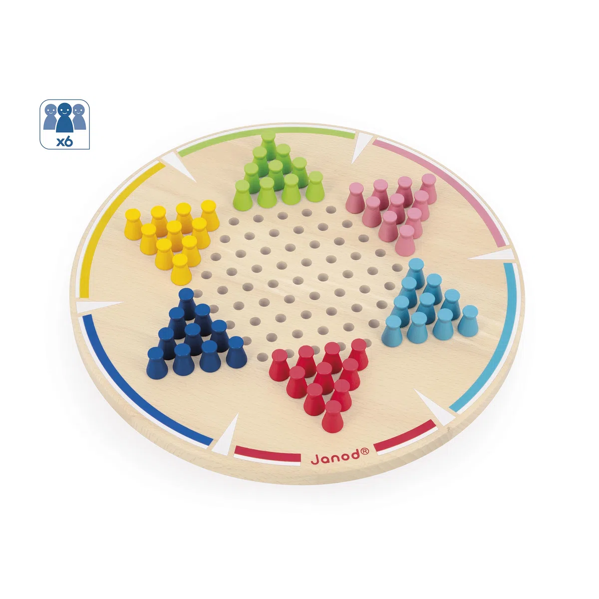 Janod - Mes Premières Dames Chinoises - 1 Plateau en Bois + 60 Pions Colorés - 2 à 6 Joueurs - Jeu de Société Classique pour Enfant Dès 5 Ans