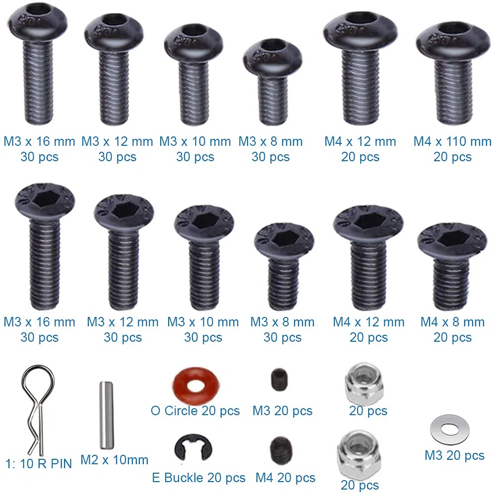 MMOBIEL 500 pièces Kit universel, vis à pans creux, écrous, boucles M3 M4 pour véhicules, véhicules à chenilles et camions télécommandés 1/8 1/10 1/12 1/16