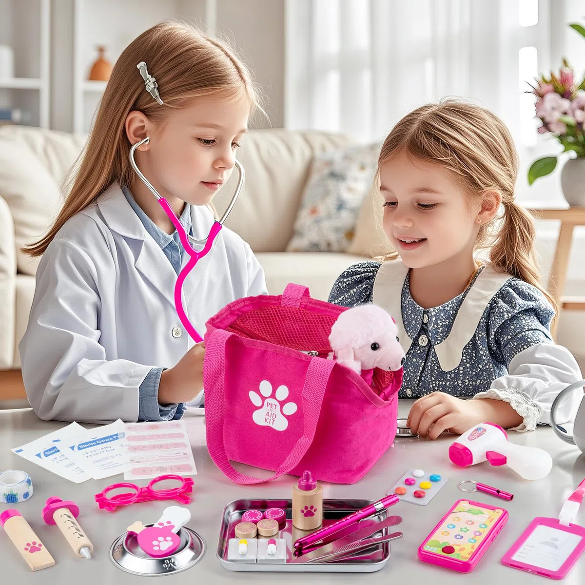 EFO SHM Mallette de médecin en Bois pour Enfants - Jouet vétérinaire - Mallette de Docteur avec Blouse de médecin - Véritable stéthoscope - Thermomètre - Vétérinaire - Jeu de rôle - Cadeau de 3 Ans