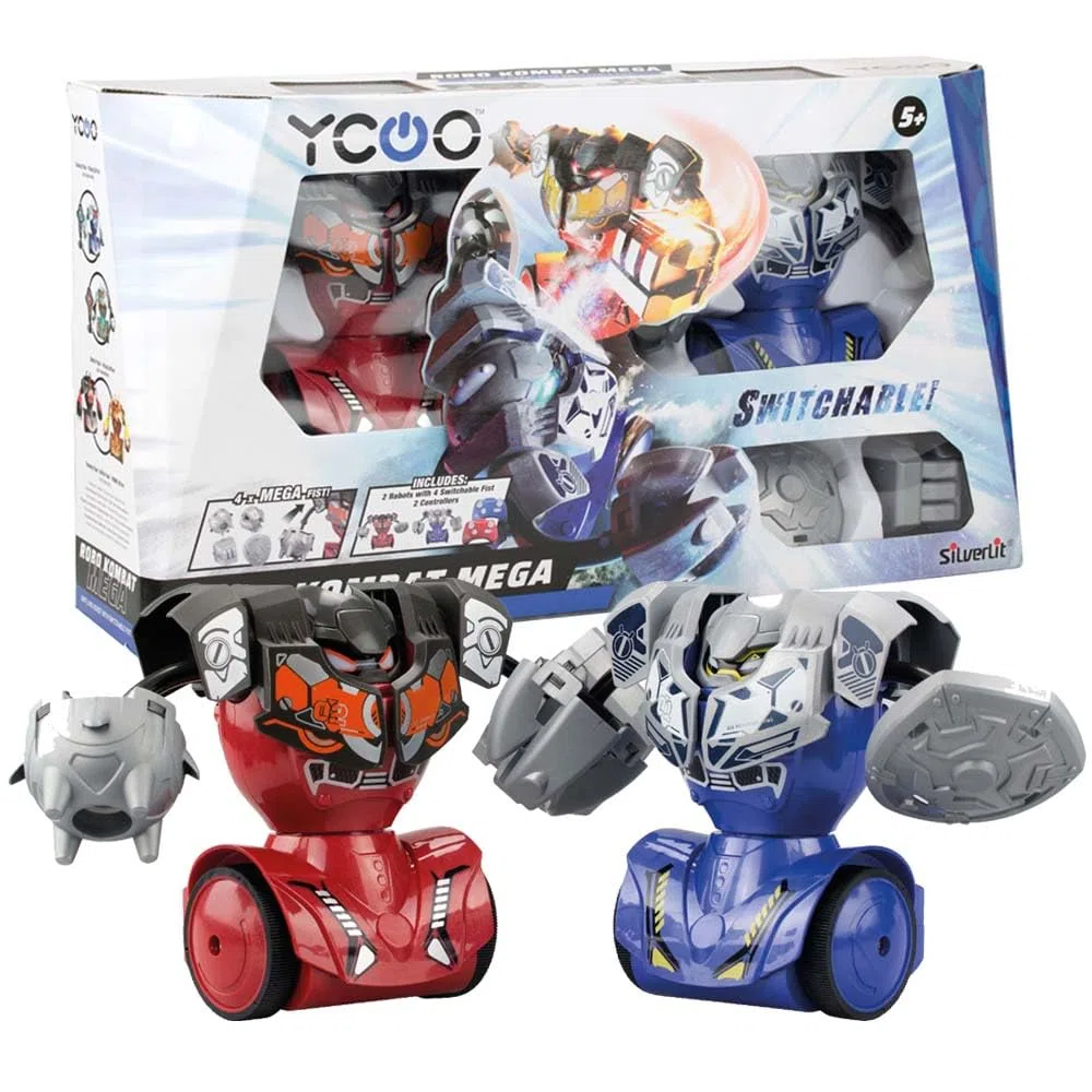 YCOO Pack 2 Robots Kombat Méga Télécommandés 16 cm, Poings Interchangeable, Jouet avec Effets sonores Et Lumineux, Dès 5 Ans