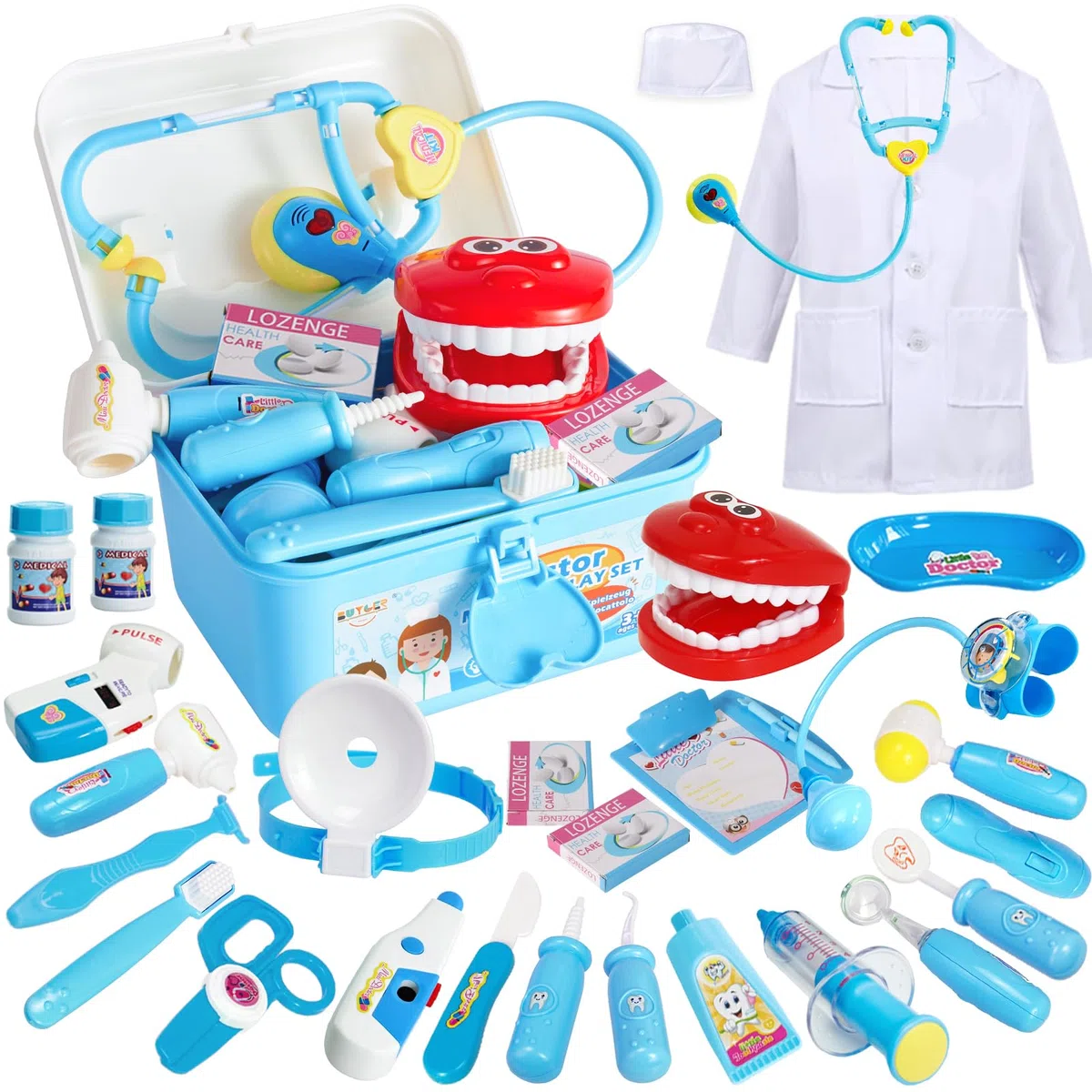 BUYGER Malette Docteur Enfant Jouet avec Déguisement de Docteur, Kit Medecin Outils Stetoscope Cadeau pour Garçon et Fille (Bleu)