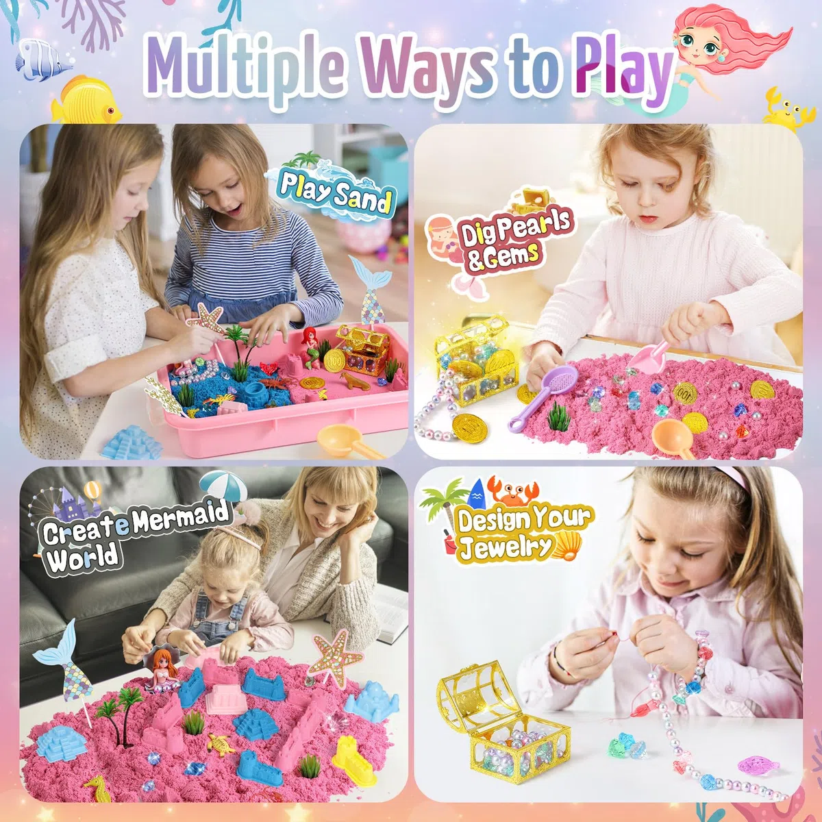 KNASON Sable Jouet Magique pour Sirène, Jeu de Sand Kit pour Filles et Garçons avec 1KG de Sable coloré,Accessoires Trésor et Bac à Sable,Cadeau d'Anniversaire pour les Enfants de 3 4 5 6 7 8 ans