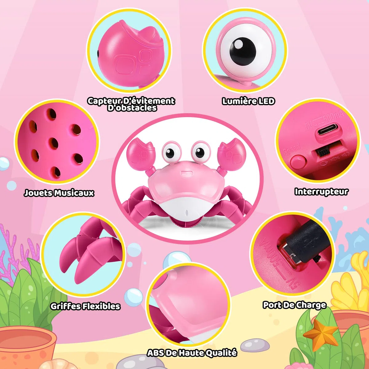 iKidiki Jouet Fille 1 2 3 4 Ans, Crabe Jouet Bebe 1 2 3 4 Ans Cadeau Fille 1 2 3 4 Ans Crabe Qui Marche Bebe Jouet Montessori Bebe 6-12 Mois Jeu Bebes 1 2 Ans Cadeau Bébé 1 2 Ans Jouets Musicaux