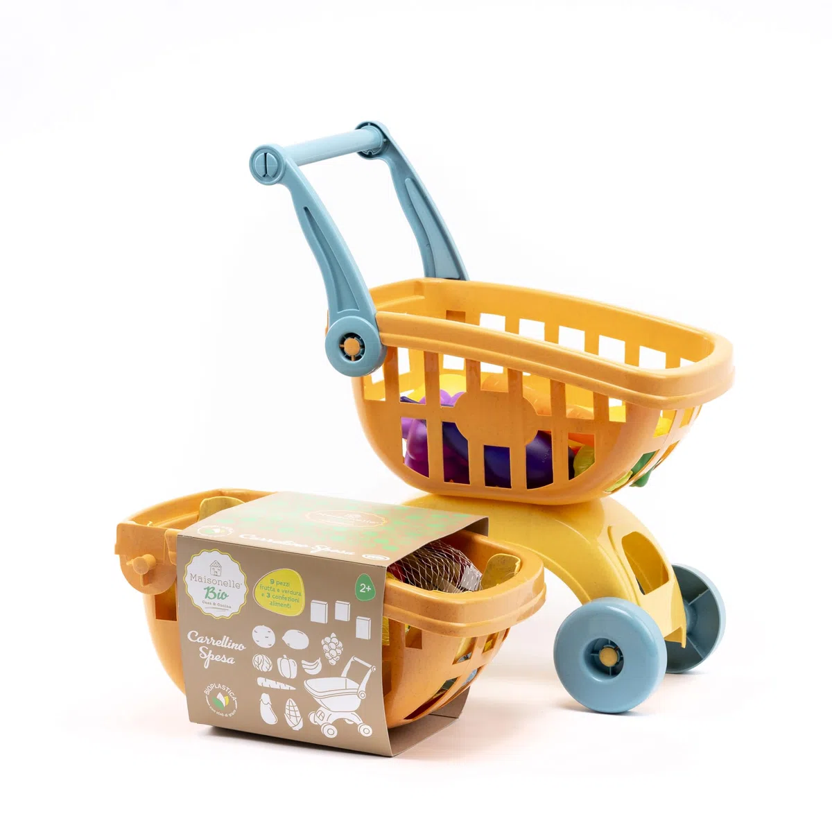 ODS - Maisonelle Bio, Chariot d'épicerie Jouet pour Enfants, avec Fruits, légumes et boîtes, Durable en bioplastique, 31 x 19 x 17 cm, âge recommandé +2 Ans