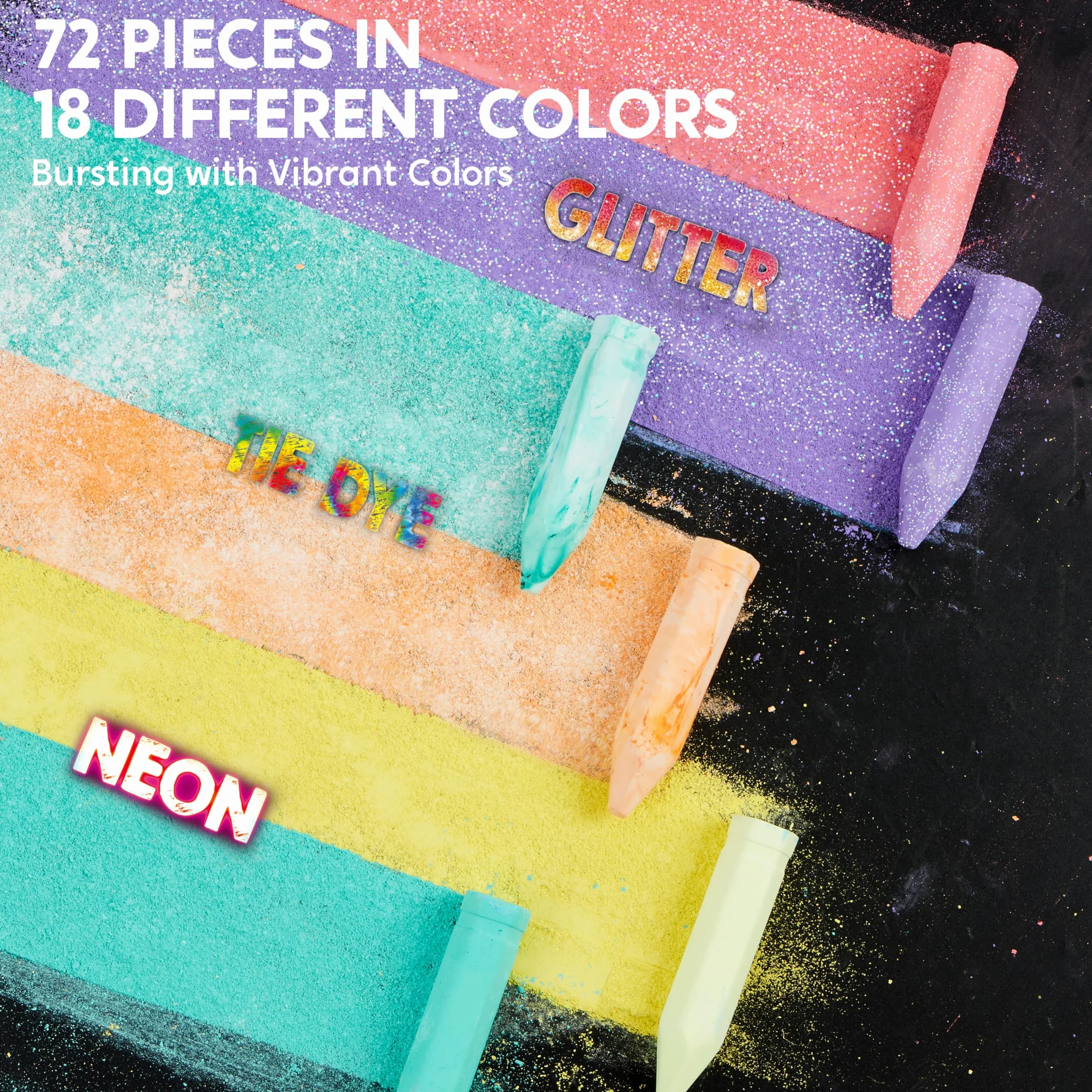 JOYIN Lot de 72 craies de trottoir lavables en 12 paquets, 18 couleurs, dont 12 tie-dye, 12 paillettes et 12 couleurs fluo, fournitures scolaires, salle de classe, extérieur, cadeau pour enfants