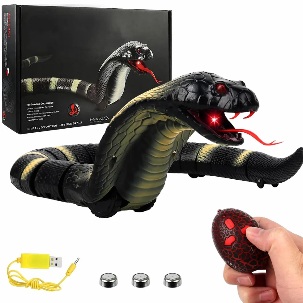 Serpent télécommandé, cobra radiocommandé, jouet serpent électrique, avec télécommande, yeux LED lumineux, langue rétractable