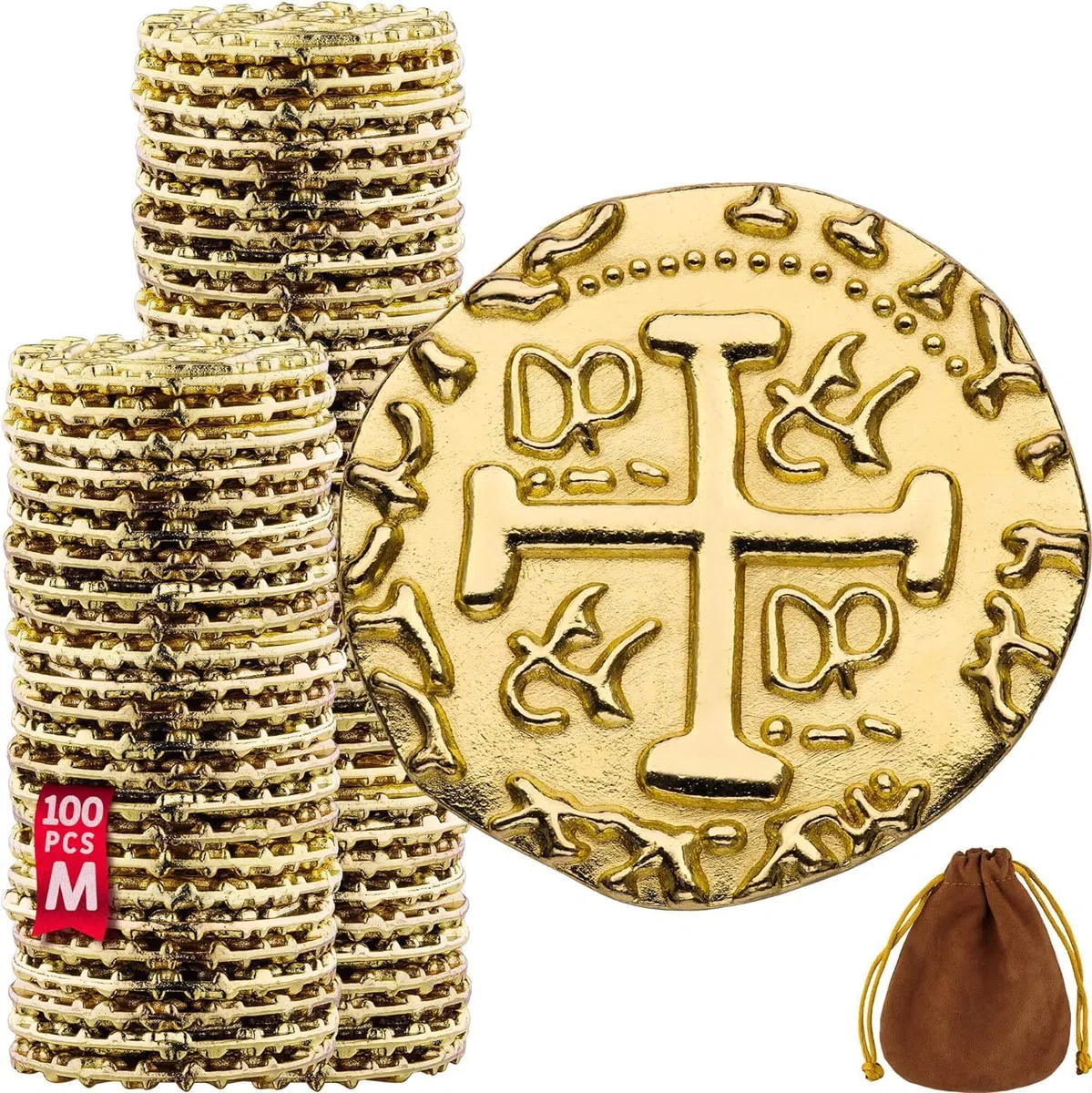 Pièces D'Or Pirate en Métal - 100 Pieces Or Coffre Pirate Trésor, Répliques de Doublons Espagnols En Métal Pour Les Jeux De Société, Les Jetons, Le Cosplay, Coffre Tresor de Jouet Pirate - M taille