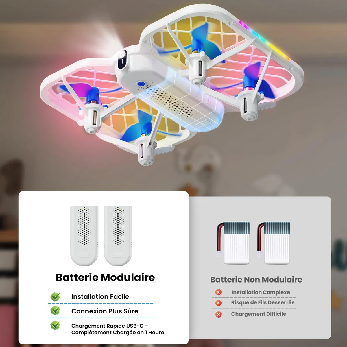 Drone pour enfants, drone HOFMOC avec 5 lumières LED, flip 3D, décollage/atterrissage automatique, mode sans tête, 3 vitesses, 22 minutes d'autonomie, jouet pour enfants à partir de 6 ans
