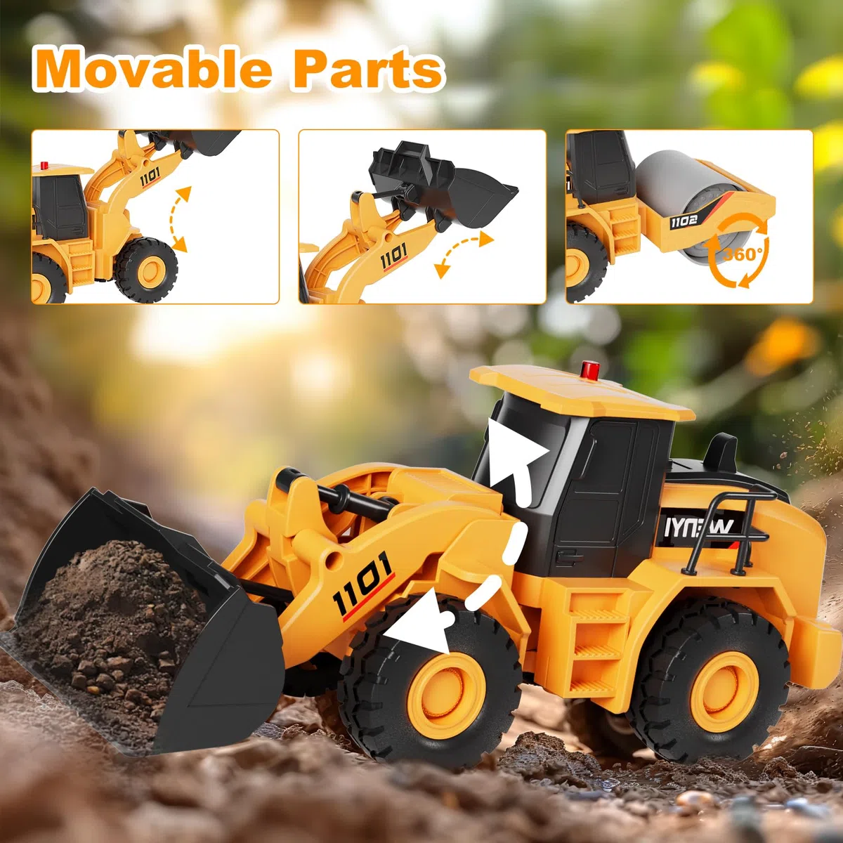 Engin de Chantier Jouet, 2Pcs Jouets de Sable avec Musique & Lumière, Jouets de Camion Bulldozer et Rouleau compresseur, Cadeau pour Garçons Filles Enfants Âgés de 3 4 5 6 7 8 Ans