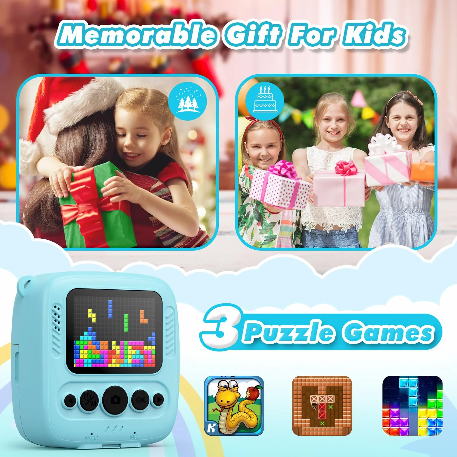 Appareil Photo Instantané Enfant, CalineGam 48MP 1080P Appareil Photo Numérique Enfant avec Carte 32GB & Papier Photo, Noël Anniversaire Cadeau pour Filles Garçons 3-12 Ans (Bleu)