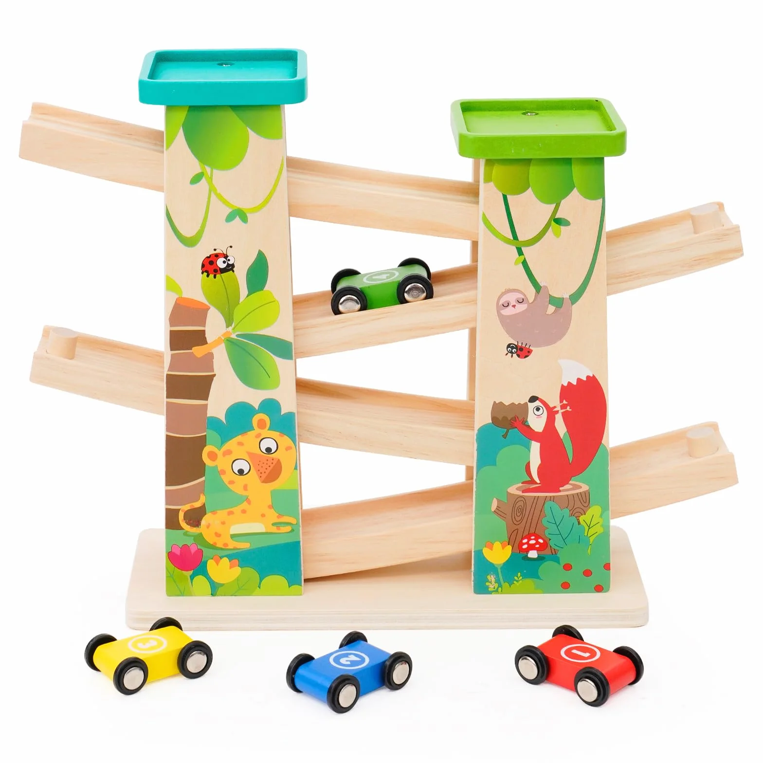 Jouet Garage Voiture Bois pour Enfant,Cadeau Educatif pour Garçon 1 2 3 Ans,Jouet Rampe de Course en Bois avec 4 Voitures et 2 Parkings Haut de Gamme