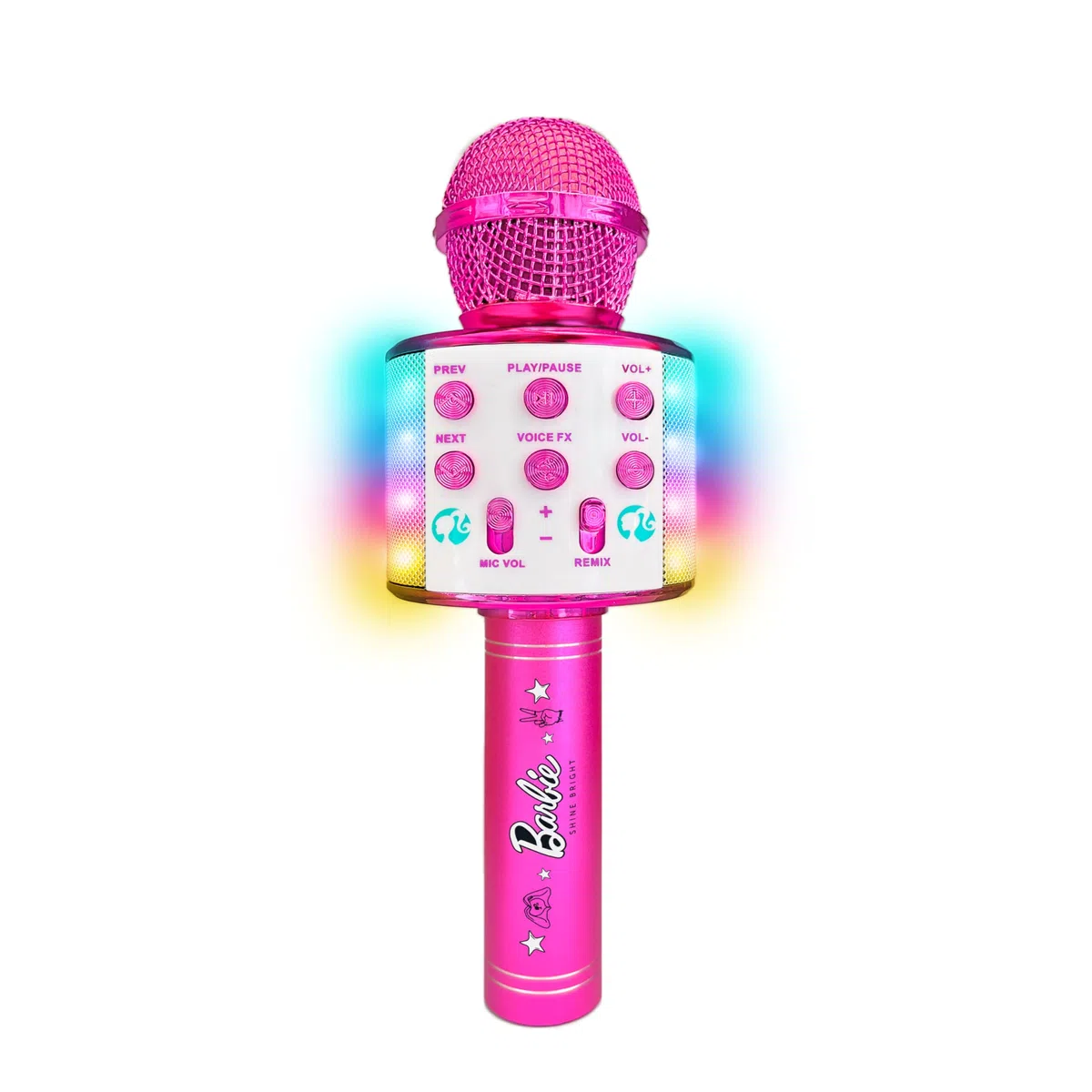 Sinco Creations Barbie Bright Voicemaster Microphone sans Fil karaoké Haut-Parleur sans Fil Lumières Multicolores 5 Effets vocaux Chanter et enregistrer