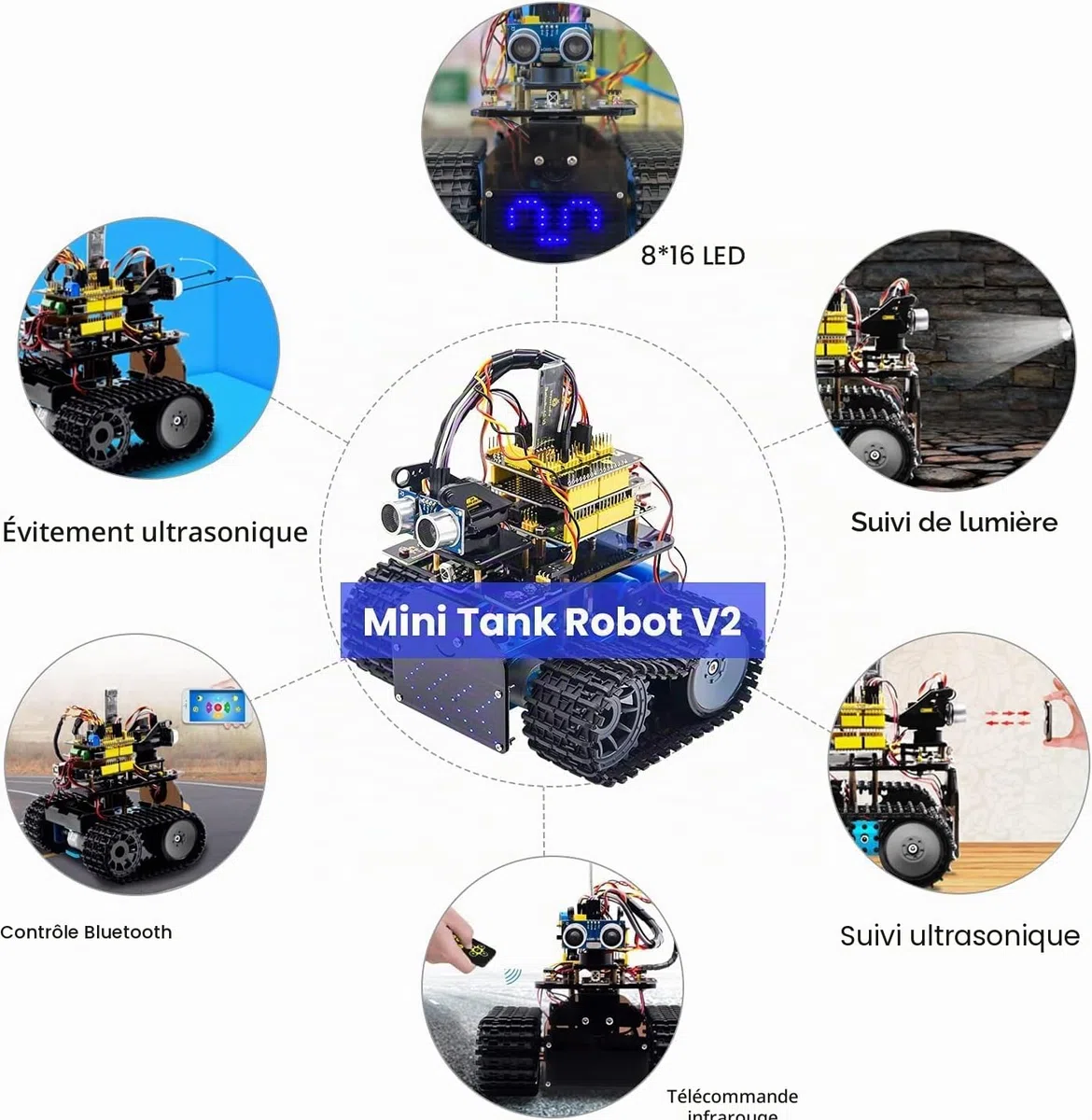 KEYESTUDIO Mini Robot de réservoir Smart Car Kit de Suivi par ultrasons et lumière Infrarouge Télécommande électronique DIY Kit robotique pour Enfants et Adolescents Compatible iOS et Android