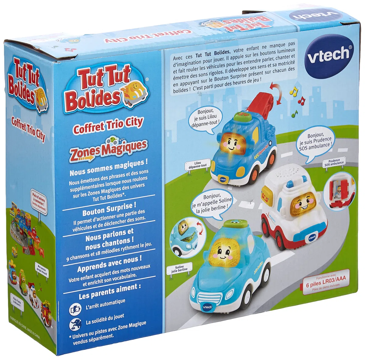 VTech - Tut Tut Bolides, Coffret Trio City, 3 Voitures Interactives, Berline, Dépanneuse et Ambulance, Jouet Musical et Sonore, Cadeau Enfant de 1 an à 5 Ans - Contenu en Français