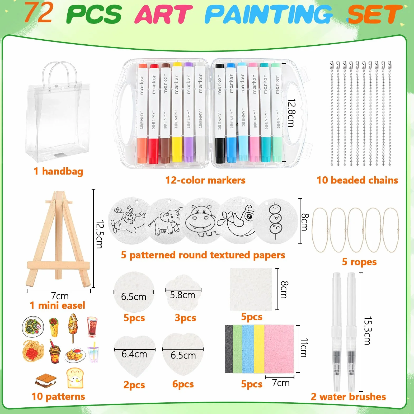 UBERMing 72 Pièces Kit de Peinture Texturée en Mousse, Magic Puffy Paint Set 3D Eponge de Dessin avec 31 Papier de Peinture Texture Mousse 12 Feutres de Couleur et 1 Sac de Rangement