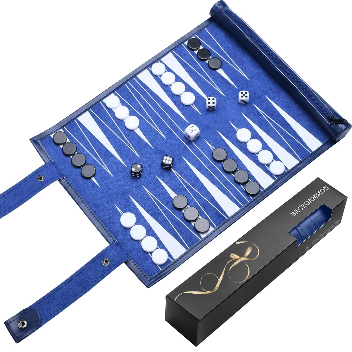 Backgammon de voyage - Jeu de backgammon en bois massif - Jeu de société classique pour les familles, les voyages et les amateurs de stratégie - Portable et durable - Bleu roi