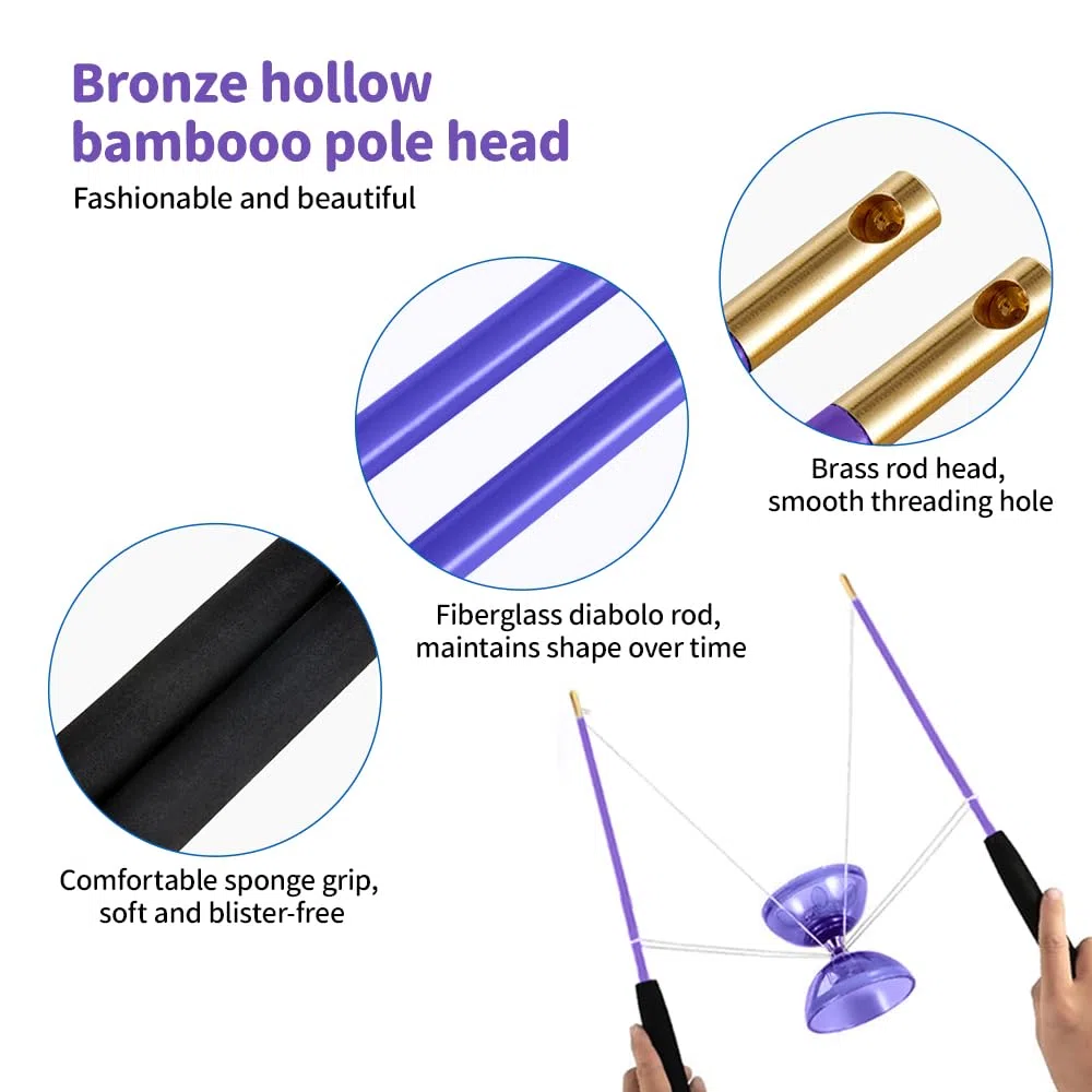 Diabolo Chinois YoYo Set, Diabolo Roulement à Billes, Diabolo Triple Roulement avec Ficelle, Sac en Filet et 2 Bâtons, Diabolos avec Roulement à Billes, Cadeau pour Adultes, Débutants (Violet)