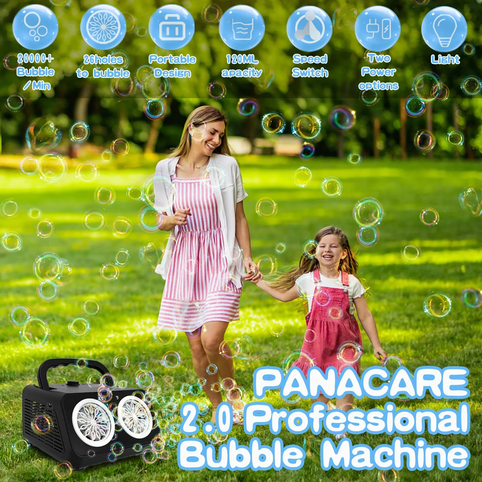Panacare machine à bulles professionnelle,machine à bulles portable 20000+bulles/minute, 26trous de bulles/eau à bulles gratuite incluse, jouet à bulles pour enfants/mariage/anniversaire/fête de Noël