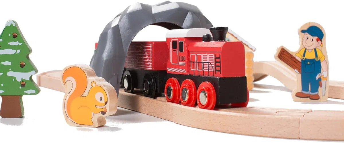 Giant bean Train en Bois pour Tout-Petits, Set de 36 Pièces sur Le Thème de la Forêt, Jouet Ferroviaire en Bois pour Enfants, Filles et Garçons de 3 à 7 Ans​ (Rouge, Bois)