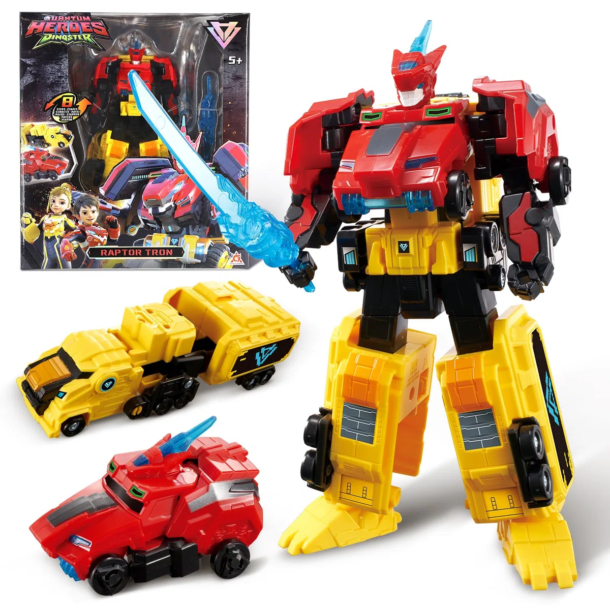 QUANTUM HEROES DINOSTER Robot Transforming 2 en 1 Raptor Tron, 7,48 Pouces, Jouets Transformable pour Enfants, Jouets Transforming Chariot et Robot pour garçons et Filles de 5 6 7 8 9 10 Ans