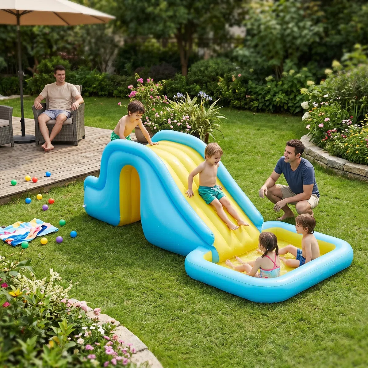 Toboggan Gonflable, Toboggan de Piscine, Marche de de Pataugeoire pour Piscine, Centre de Jeu Gonflable, Accessoires de pour Garçons et Filles, Jeu d'été pour Extérieur et Intérieur (Bleu)