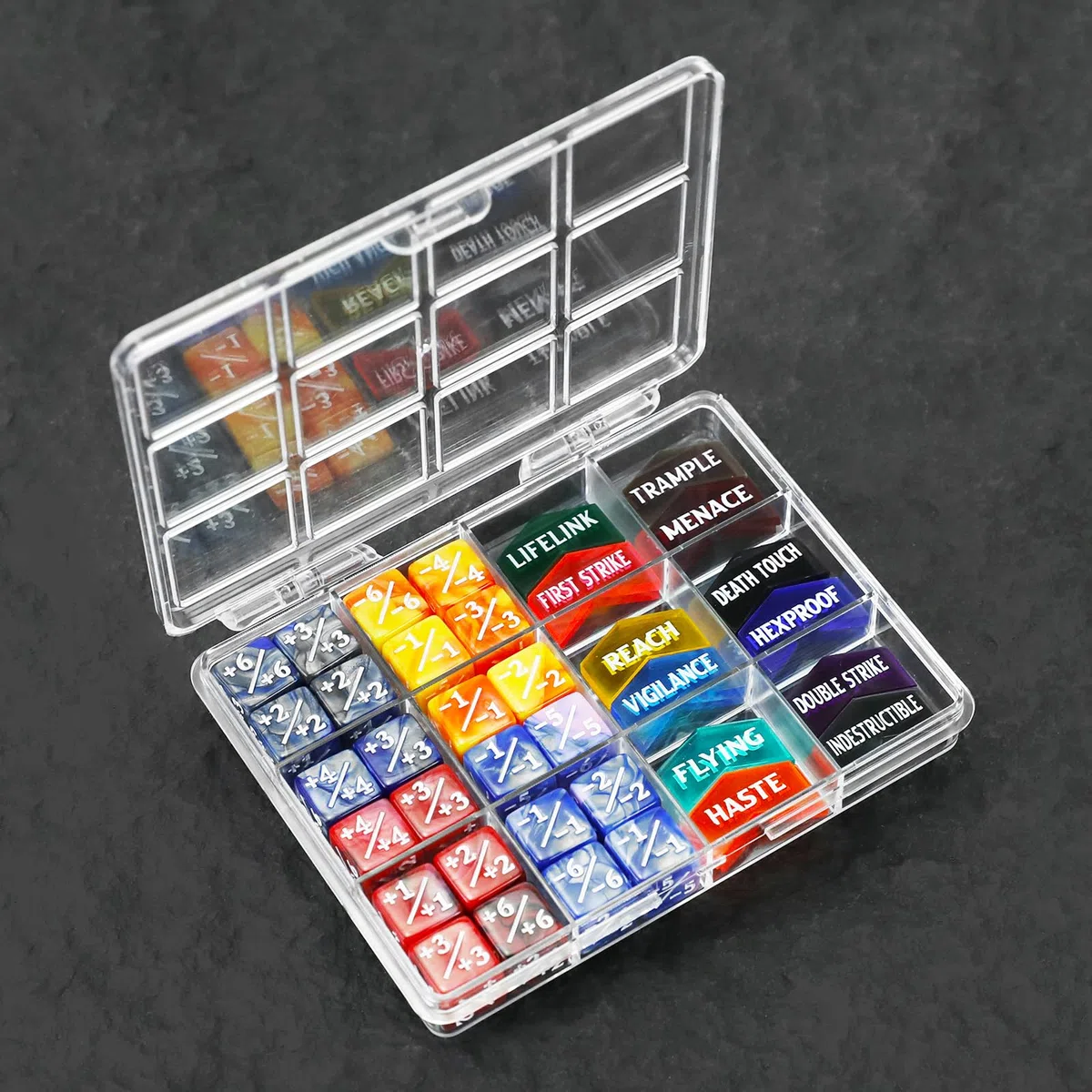 SIXPONTS Lot de 48 dés MTG de 12 mm – 1/+1 dés de compteur de vie et jetons de compteur de mots clés MTG compatibles avec Magic The Gathering, TCG, accessoires de jeux de cartes (dés # B et compteurs