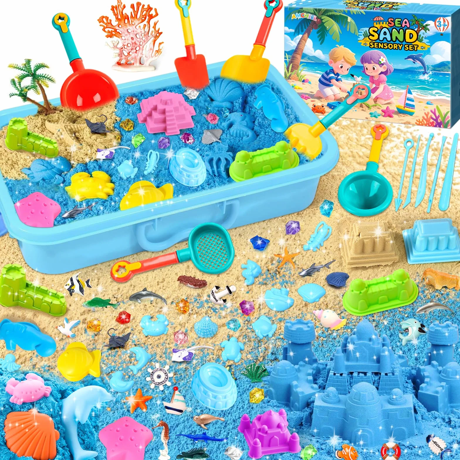 AMCHLEL Sable Magique, Jouets Sensoriels Enfant, Magic Sand avec Moule à Sable et Des Jouets Océaniques, Bac a Sable avec Couvercle, Sable Magique Enfant pour 3+Ans Garçon Fille