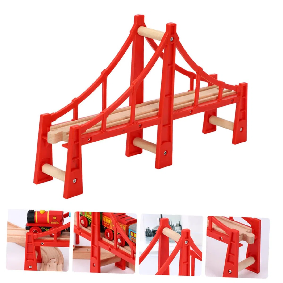 Pont Ferroviaire Surélevé Pendant la Saison des Fêtes en Bois Rouge Compatible Tous Jouets de Voies Ferrées Accessoire pour Circuits Garçon et Filles
