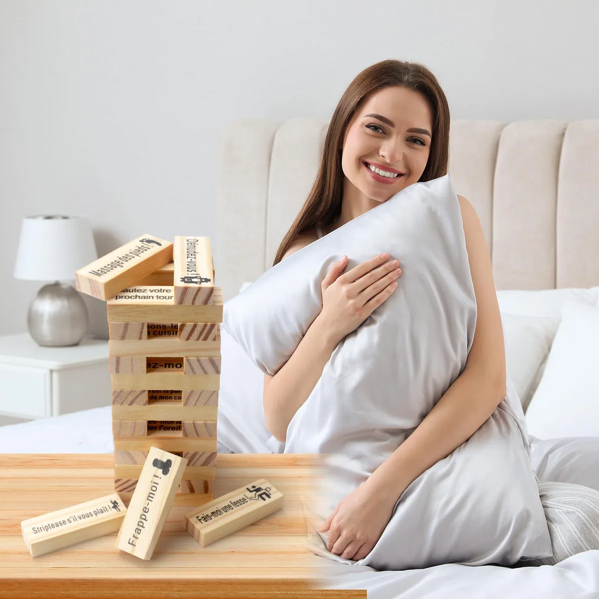 48 Pièces Français Jeu de Tour Blocs Coquins Couples,Lust Tower,Tour de culbutage pour la Saint-Valentin et Soirée Romantique,Jeu d'Empilage pour Couples,Blocs Empilables en Bois pour Adultes