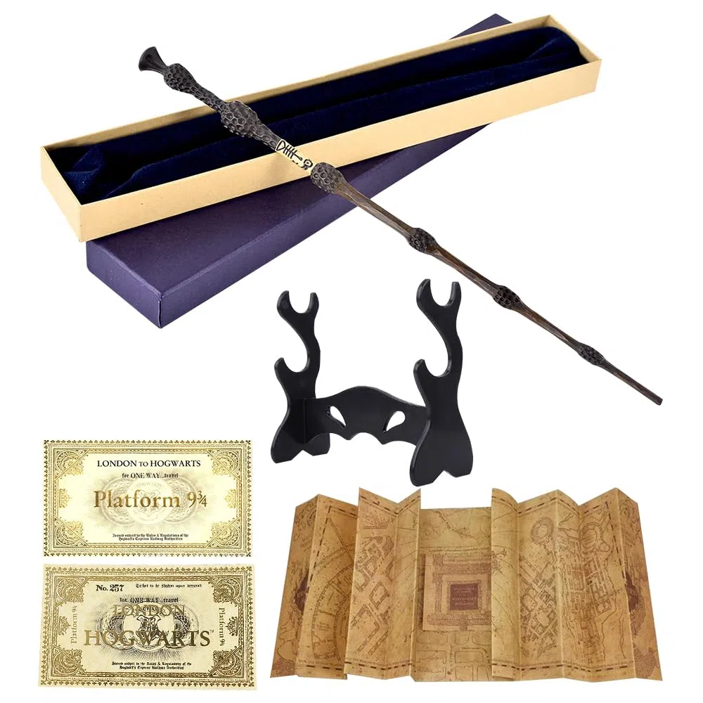 Baguette Dumbledore, 37CM Baguette de Sureau avec Noyau Acier, Dumbledore Baguettes Boîte Cadeau avec Carte, Billet et Support de Bbaguettes Noire