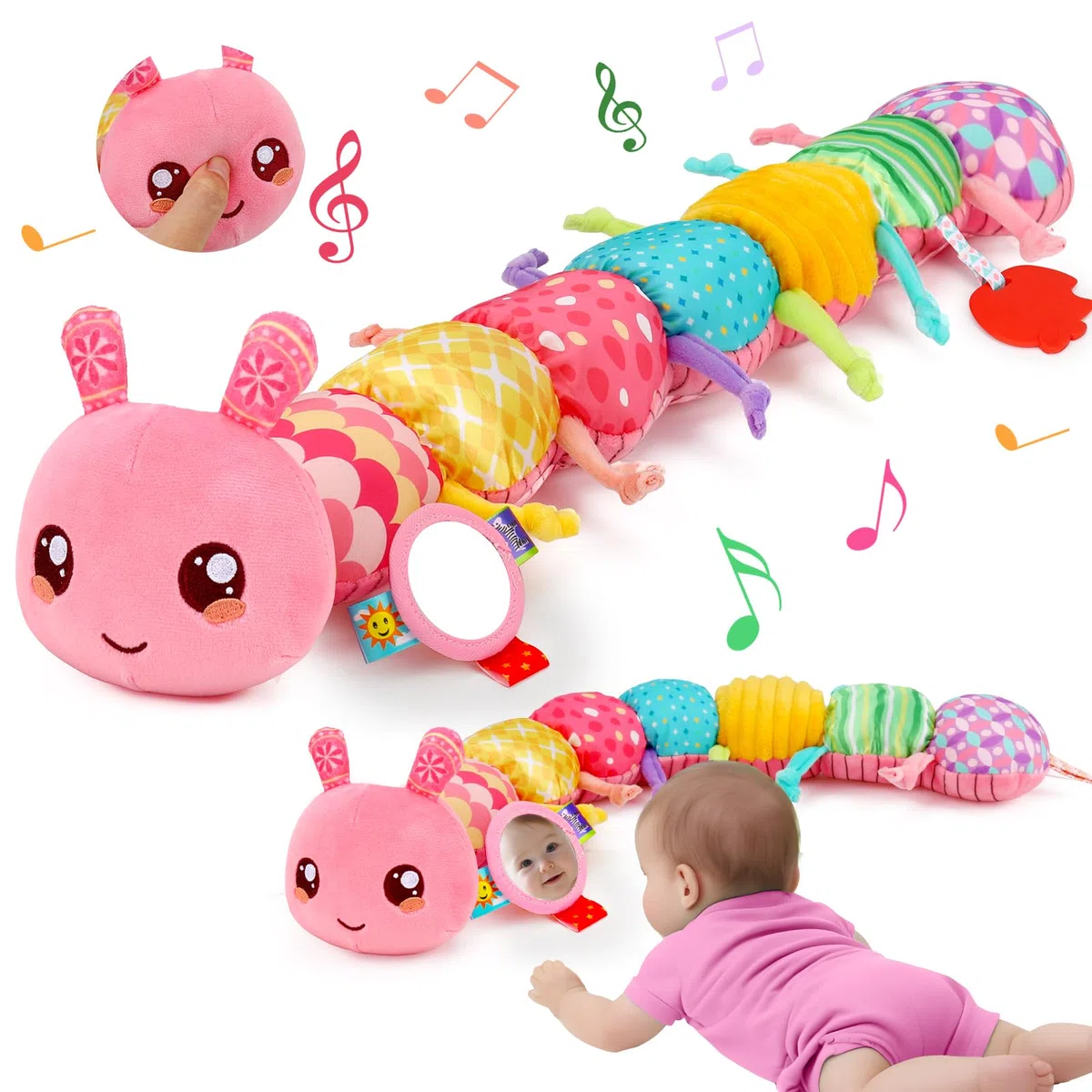 Lypsochaat Jouet Bebe 0-3-6-9-12 Mois, Jouet en Peluche Chenille Musicale, Jeux Bébé Eveil 0-3 0-6 Mois, Cadeau Naissance Fille Garcon Bébé (Rose)