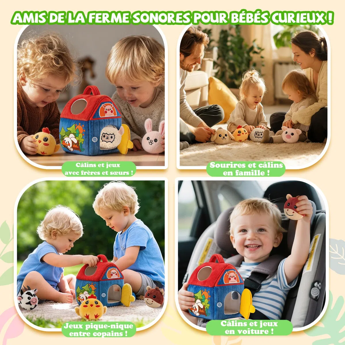 SAIMAND Jouet Bebe Animaux de la Ferme en Peluche, Jeux Sensoriel Montessori avec Grange, Hochets et Miroir, Jouet d’Éveil Bébé 0-3-6-9-12 Mois, Cadeau Bébé Enfant Garçon et Fille