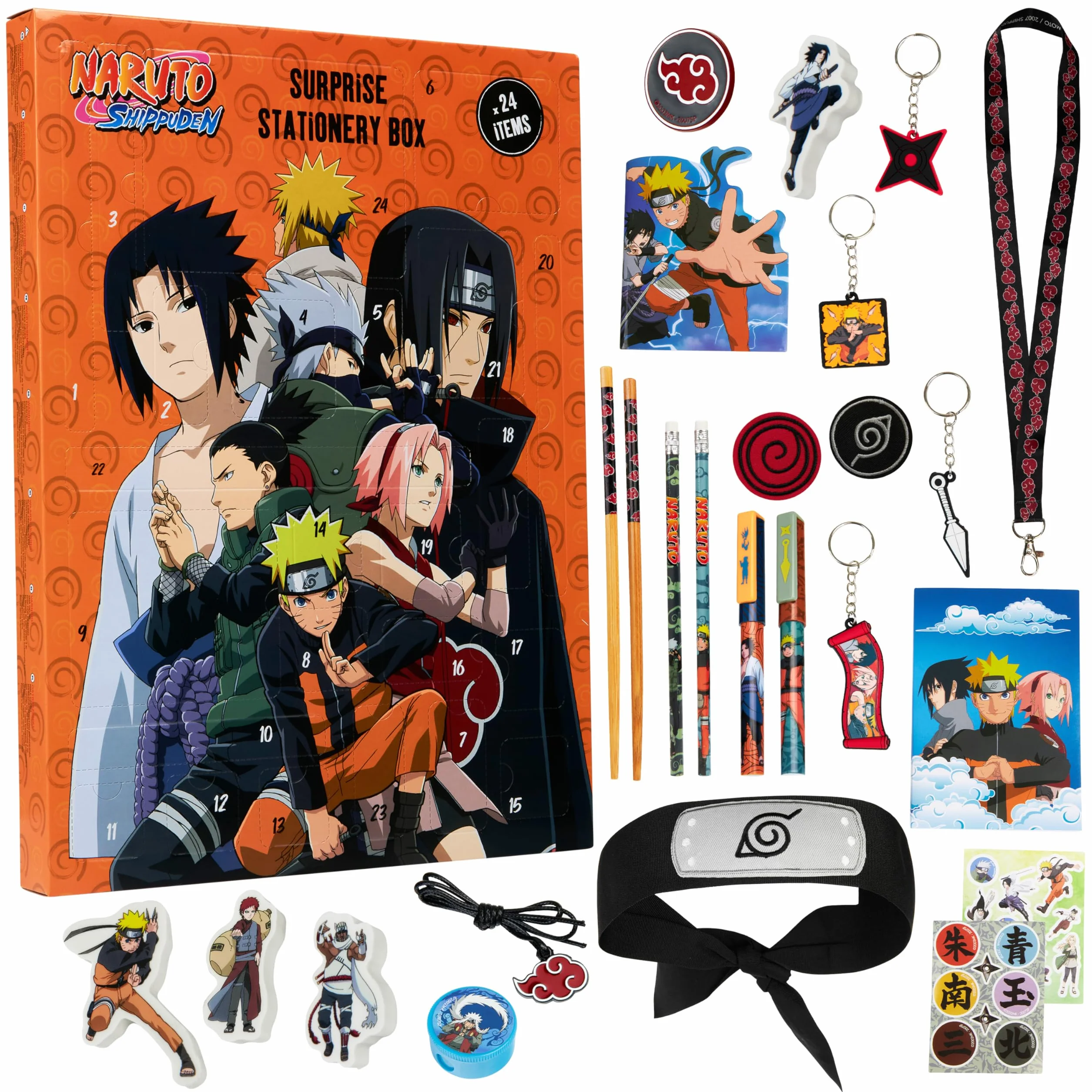 Naruto Calendrier de L'avent 2025 Garçon Compte à Rebours Noel 24 Surprises Papeterie Original Anime Accessoires Kawaii Stylos Lanière Porte-clés (Orange)