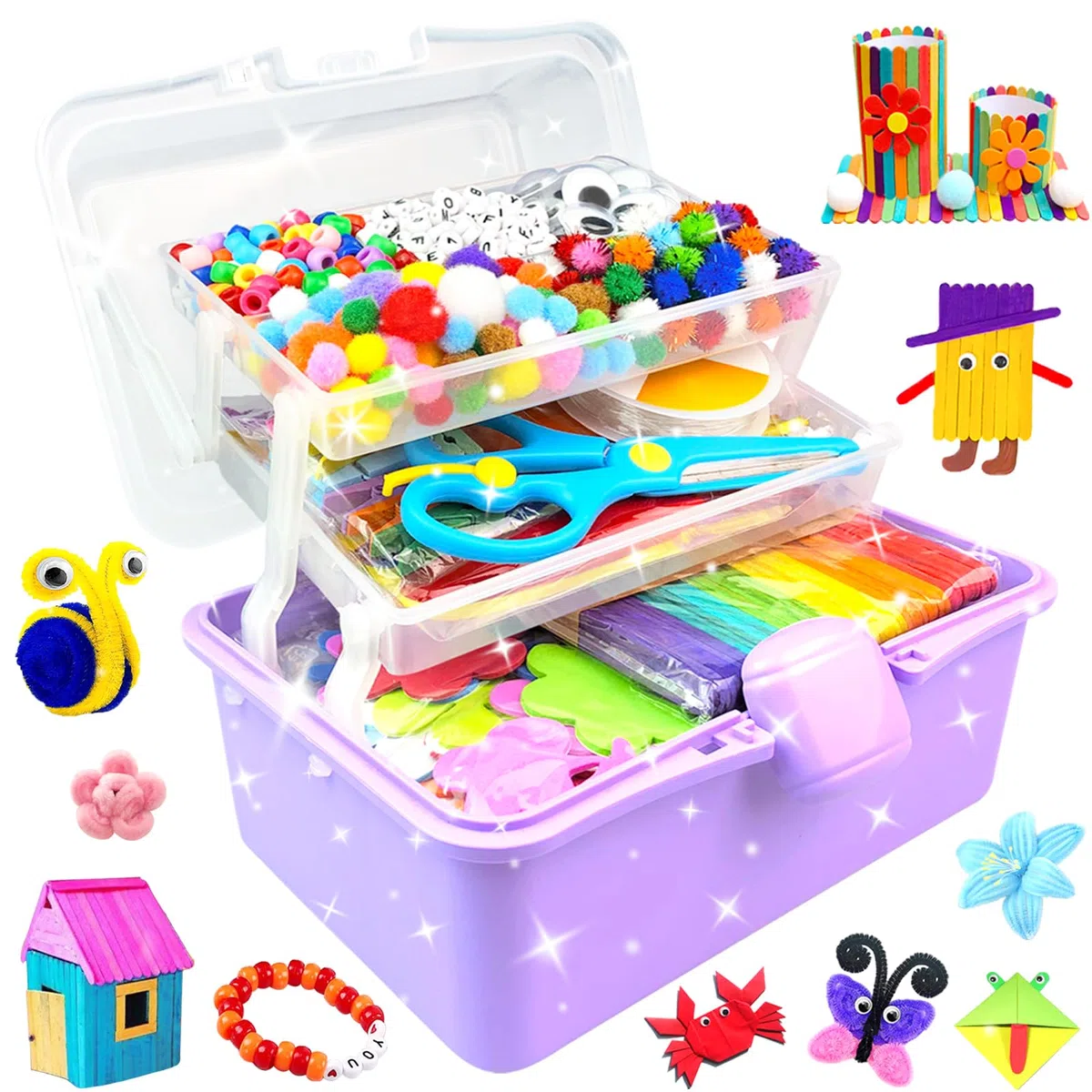 3000 Pcs Activité Manuelle Enfant Kit Bricolage Enfant Boîte Bricolage à 3 Niveaux avec Pipe Cleaners Kits de Loisir Creatif Enfant DIY Jouets Cadeaux pour Filles et Garçons 4-6 6-8 8-12 Ans, Violet