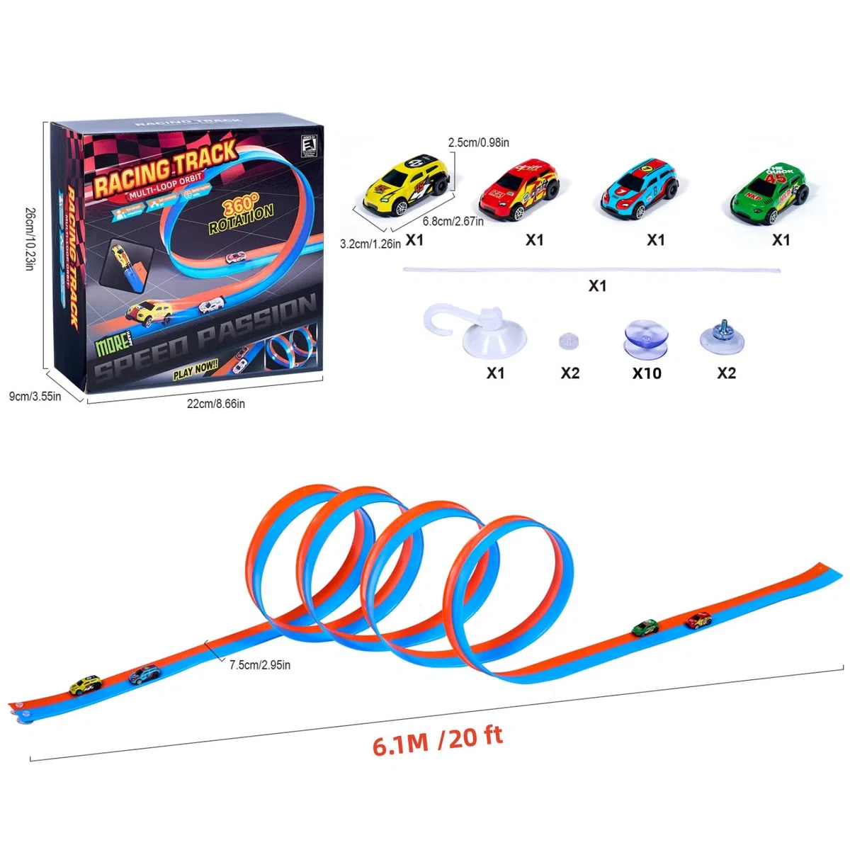 Circuit de Voiture Flexible 6M avec Ventouses & 4 Voitures à Ressort | Piste Double Couleur Bleu & Orange | Piste Portable pour Enfants 3–8 Ans | Jouet Cadeau Course