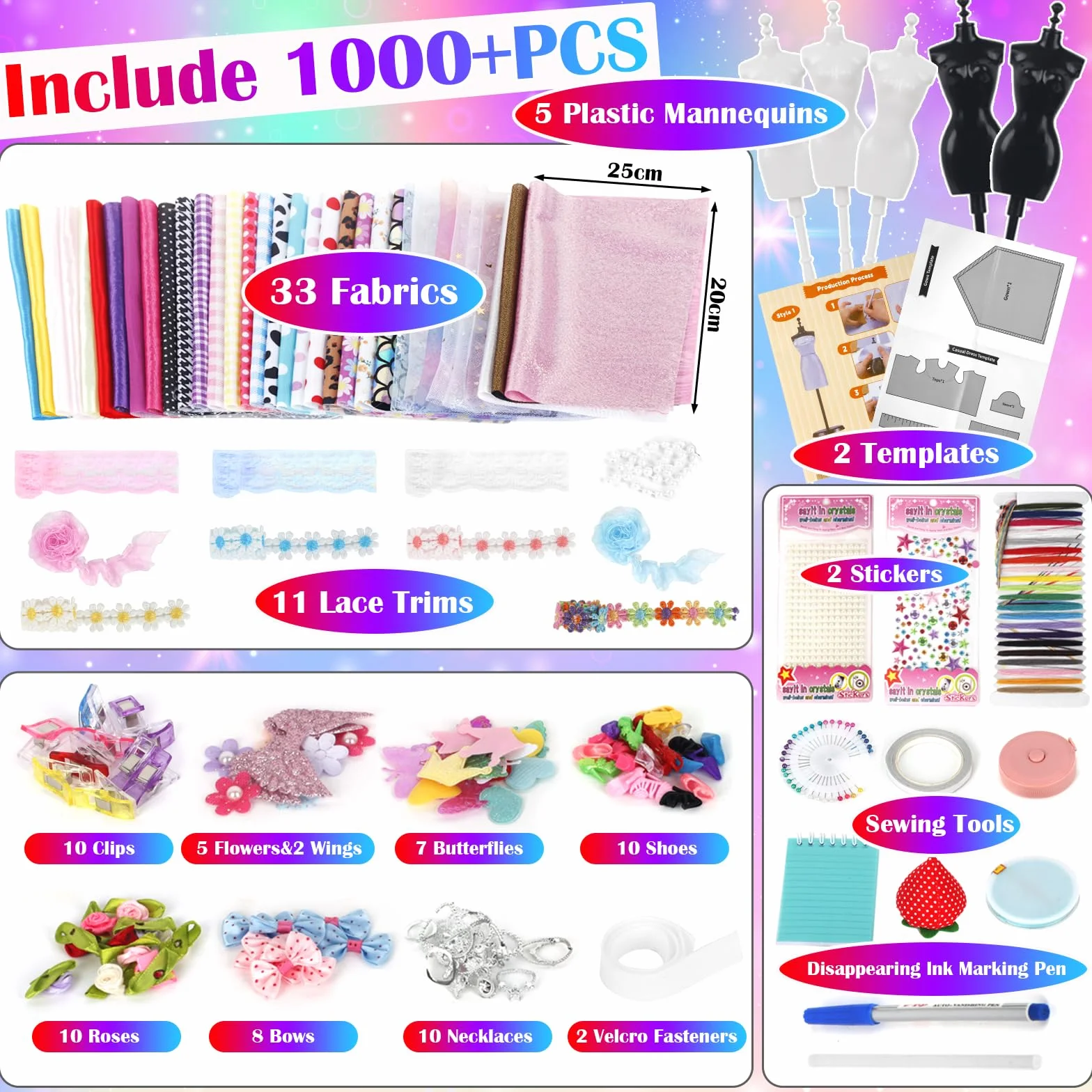 YOCOLE 1000+ Fashion Design Kit, Création de Mode Couture Enfants avec 5 Mannequins, Loisirs Créatifs Activites Manuelles avec Carnet de Croquis, Cadeau D'anniversaire Fille 6 7 8 9 10 11 12 Ans